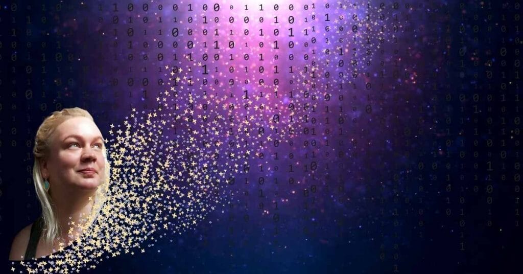 space background including ones and zeros women forming from the stars