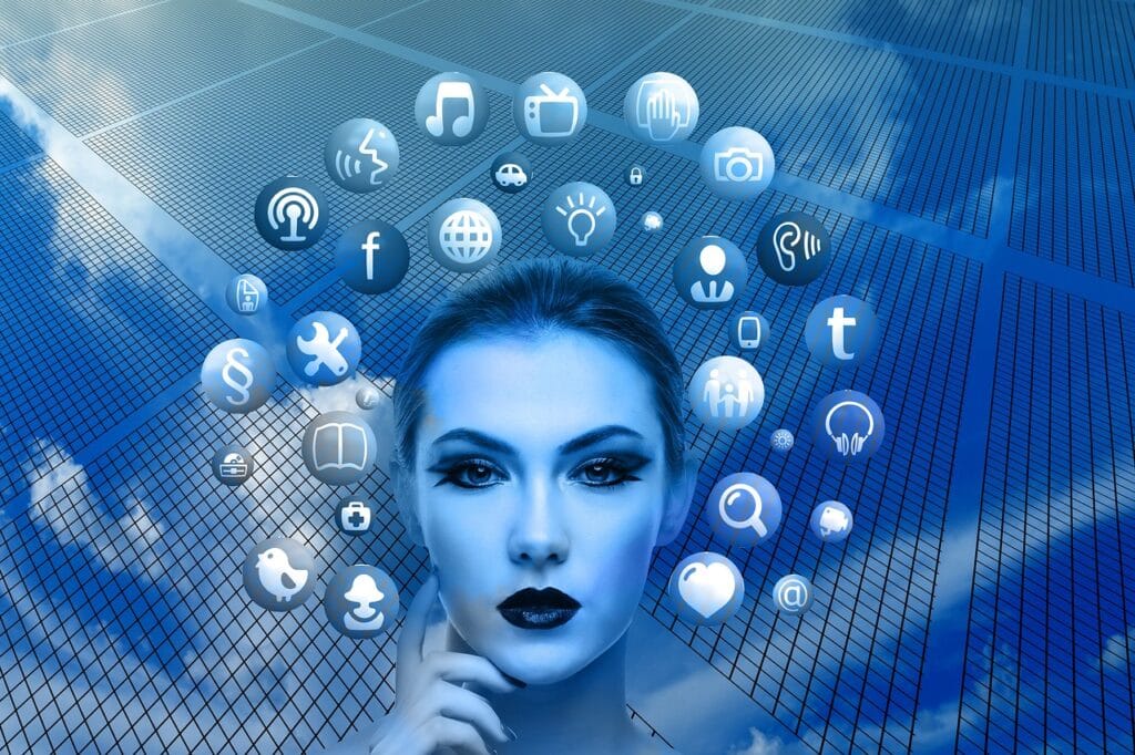 woman, face, social media, thoughts, head, applications, apps, social media applications, icons, circle, tree, networks, internet, social, social network, nature, facebook, google, social networking, networking, multimedia, blue
