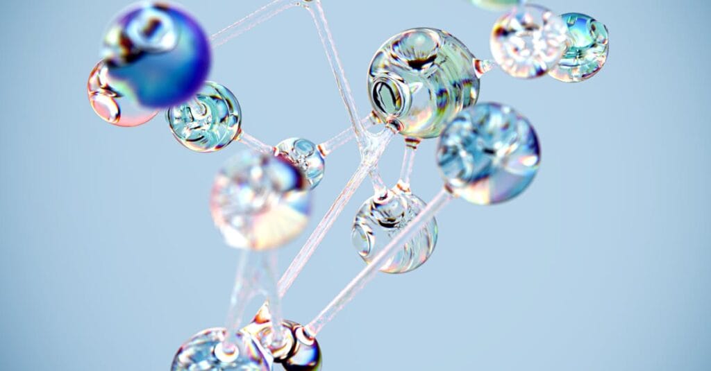 Flowing glass-like molecular structure in blue. Conceptual digital art with a tech twist.