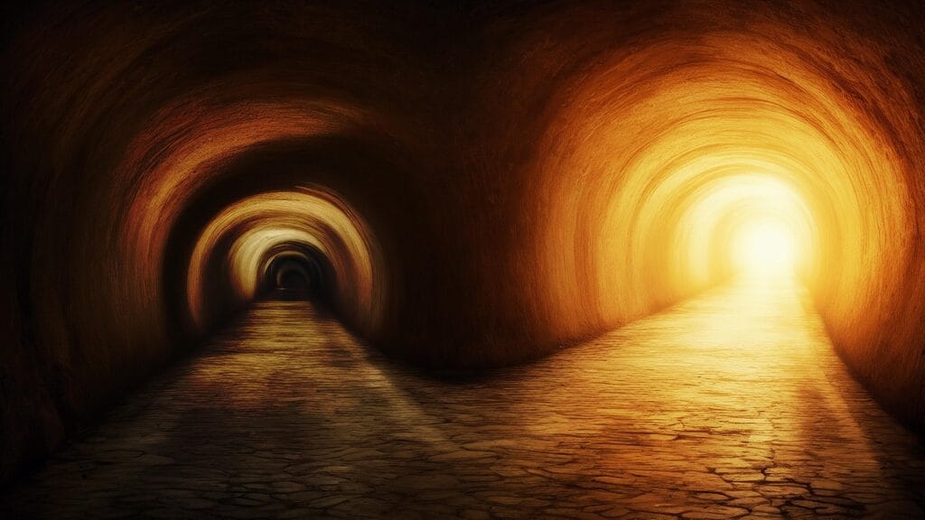 tunnel, dark, light, hd wallpaper, shine, heaven, hell, scary, hope, faith, fantasy, digital art, ai, opposite, directions, desktop wallpaper, halloween