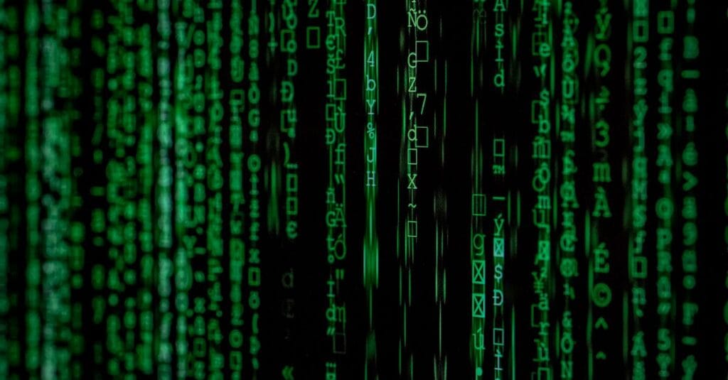 Abstract green matrix code background with binary style.